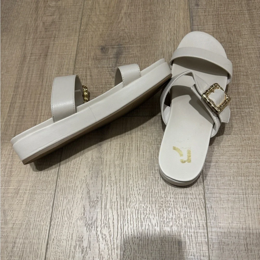 Size 9 White Sandals with Gold Buckle